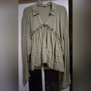 Pilcro Sage Green Ruffle V-Neck Top